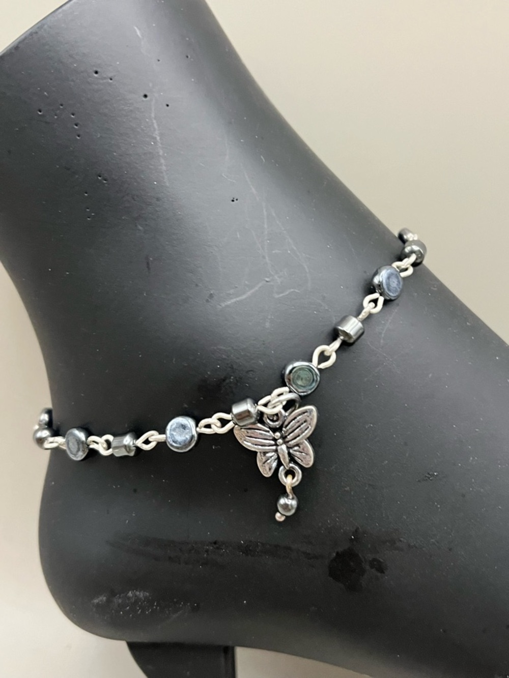 Artisan Silver Butterfly Anklet with Hematite Beads